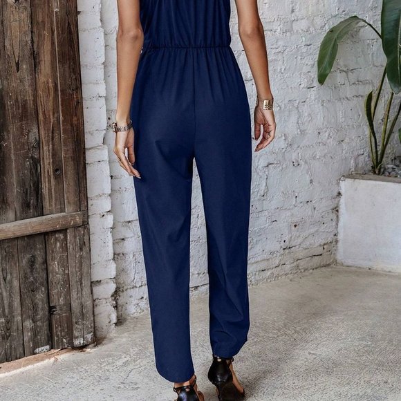 Navy Blue Solid Surplice Front Cami Jumpsuit - Picture 2 of 5